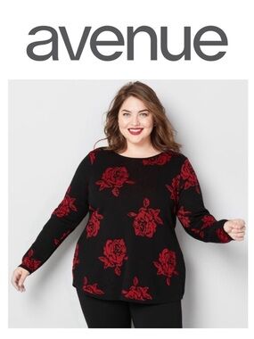 AVENUE Black Red Metallic Detail Rose Lightweight Sweater Whimsigoth Women 18/20